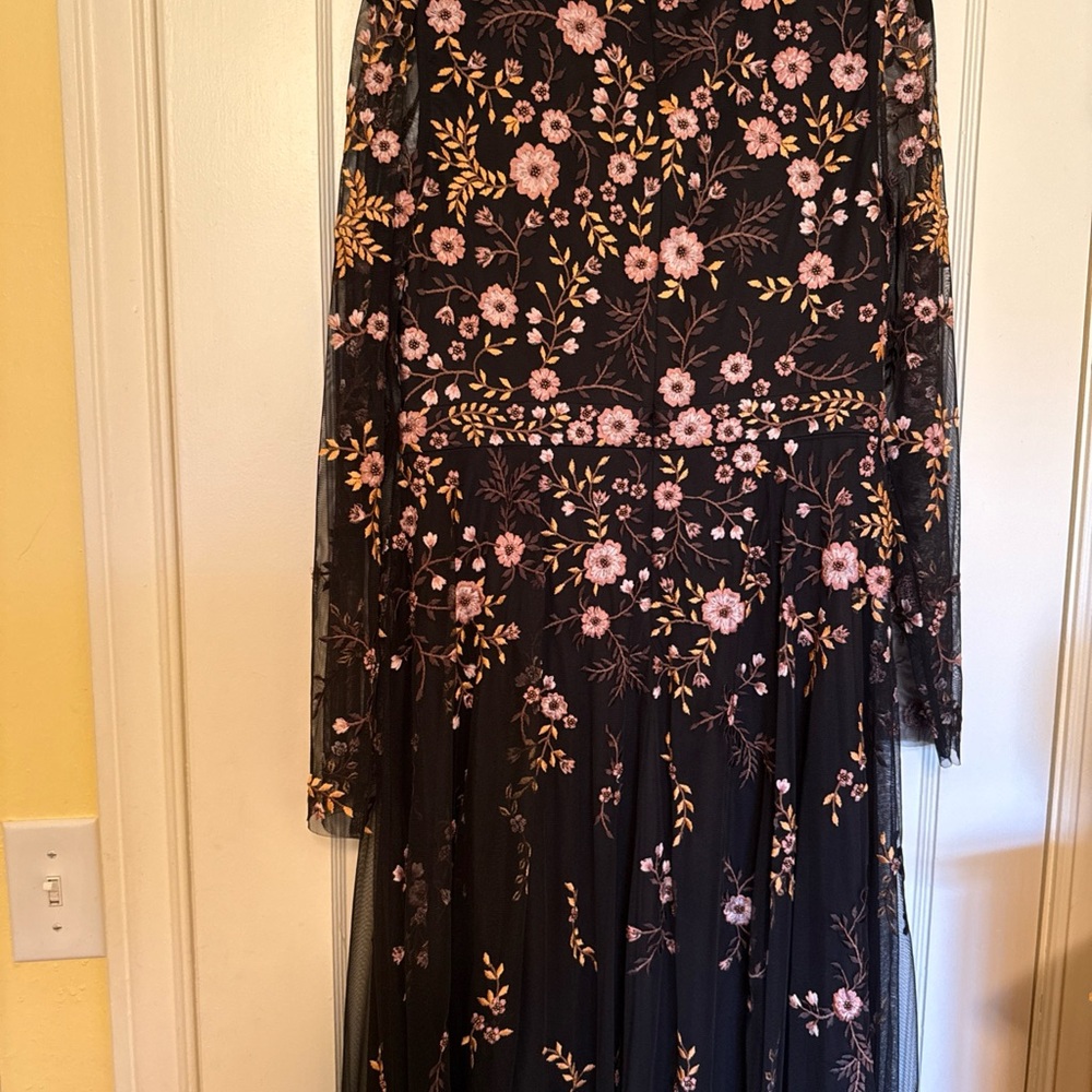 Mac Duggal Black Dress with Pink Floral Embroidery